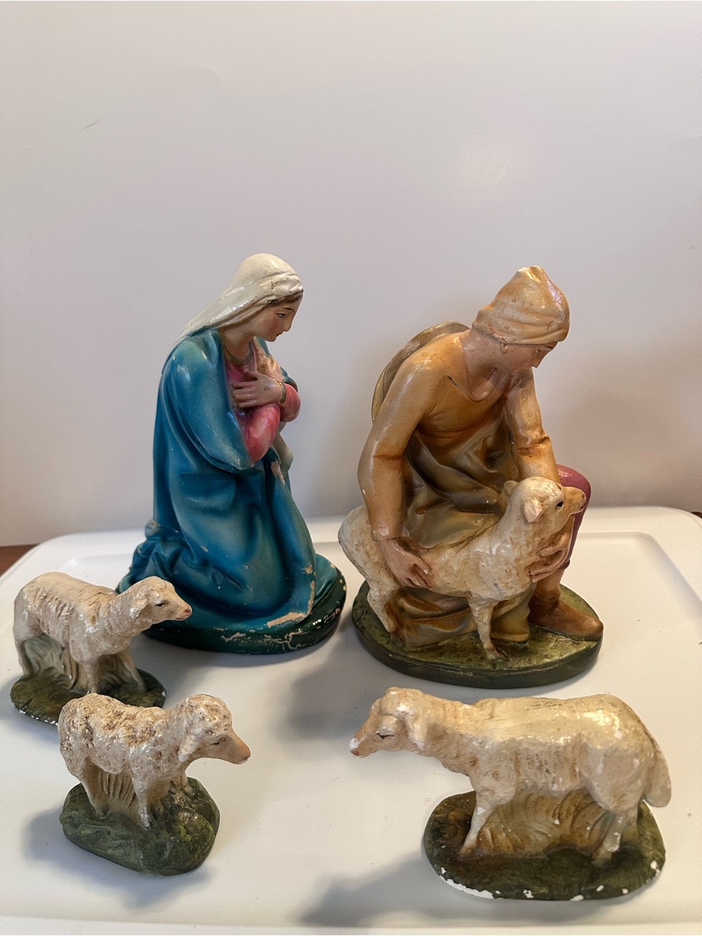Very old Nativity Scene Shepherd and Mary Figurine Set + 3 Sheep